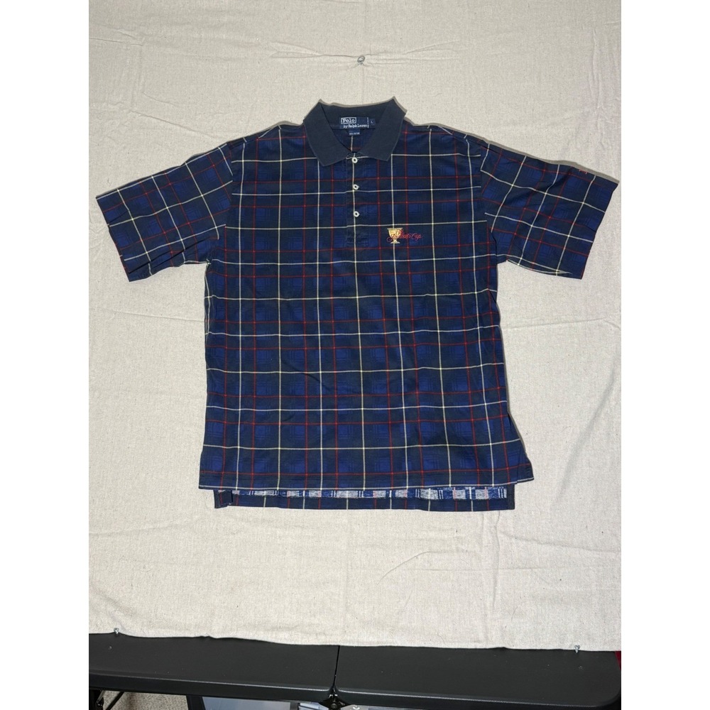 Polo Ralph Lauren The Presidents Cup Plaid Polo Shirt Mens Large Navy Blue L